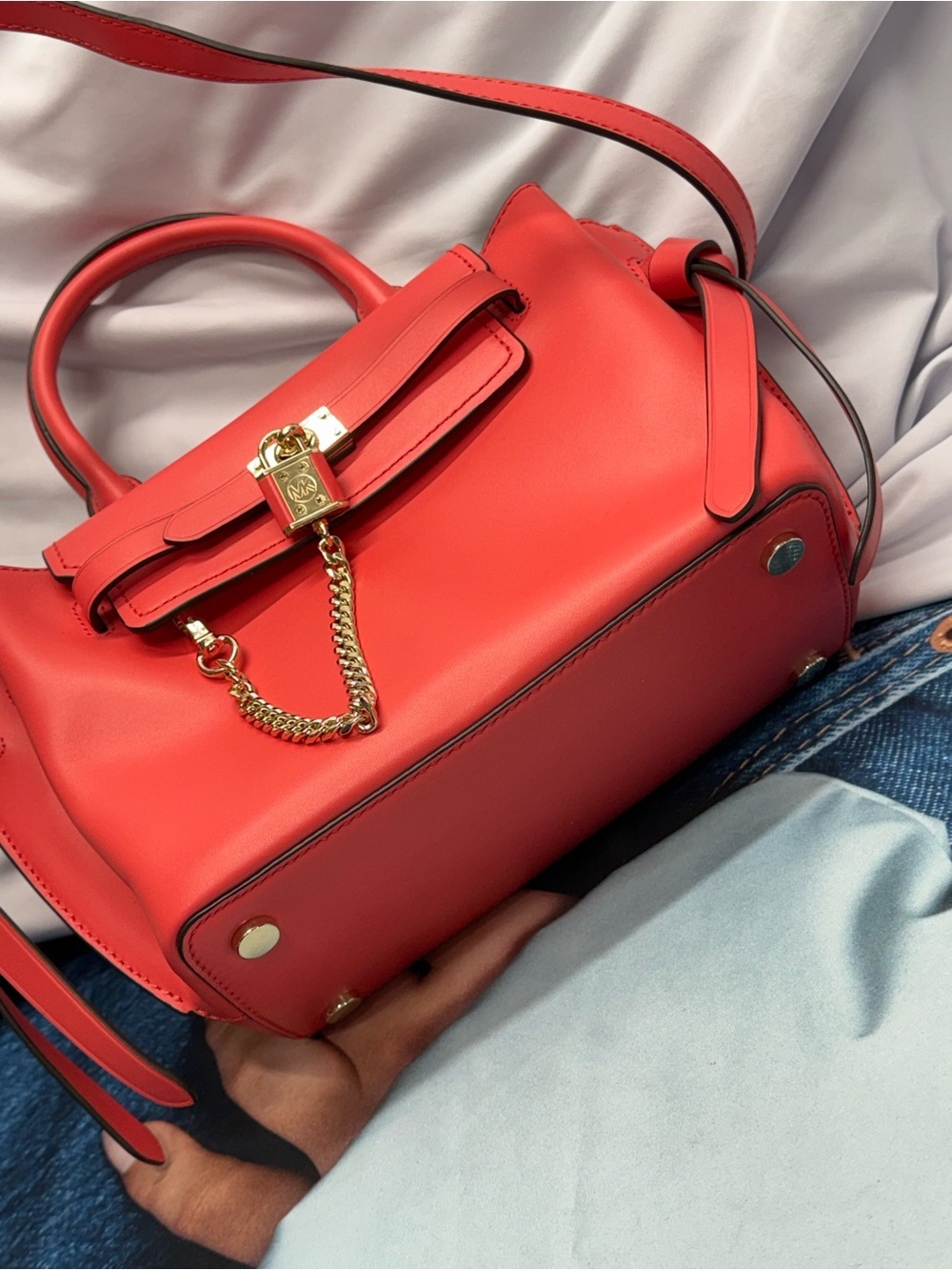 (new+tag) Michael Kors Leather Hamilton Legacy Dahlia Belted Red Pink Satchel - Picture 10 of 16